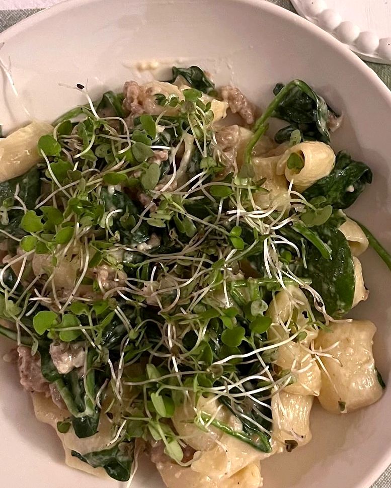 A customer's bowl of spinach and sausage pasta topped with fresh basil microgreens