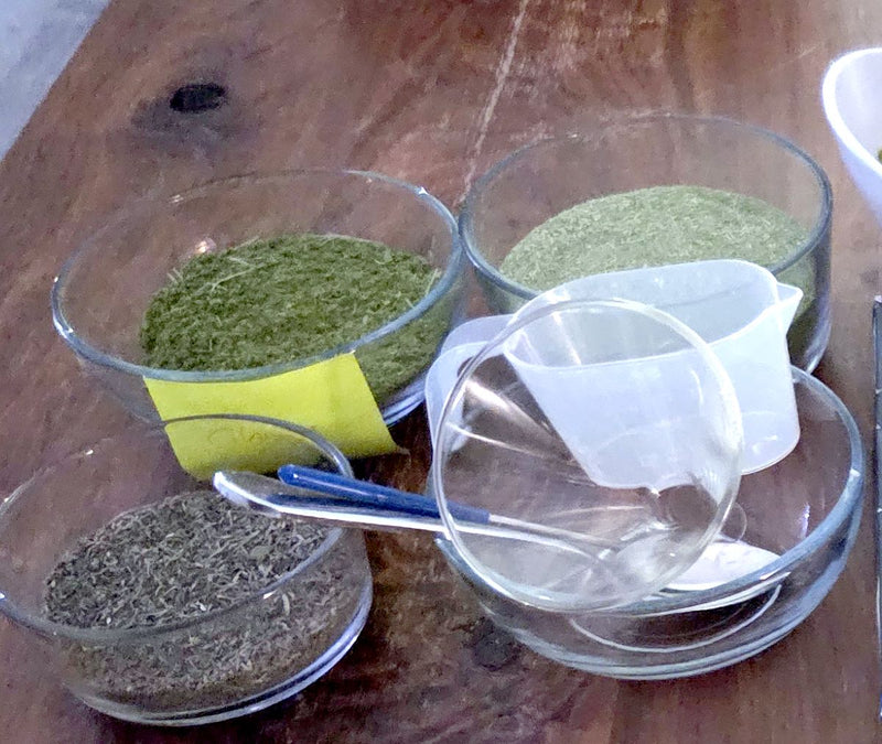 Bowls of freeze-dried microgreen powder and measuring cups at the jar-filling station