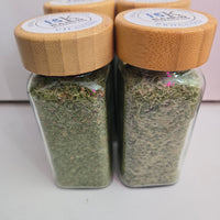 BCK Ranch freeze-dried microgreens jars, side view of the dried greens inside